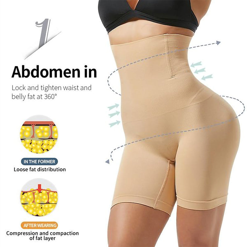 Model wearing women's high waist shaper pants under a dress, invisible & effective shaping