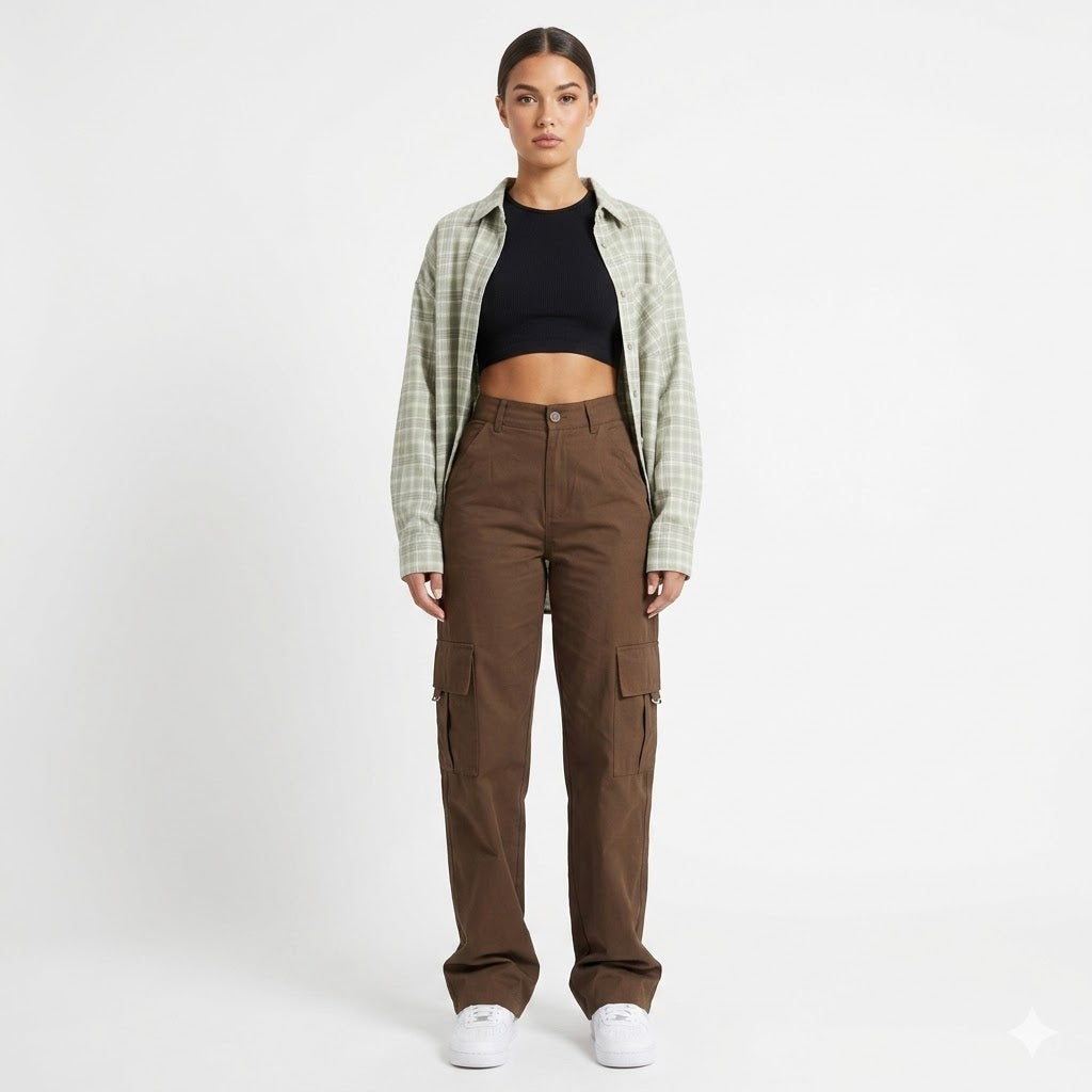 Women's high waist wide leg cargo pants in a relaxed fit, perfect for streetwear & casual style.