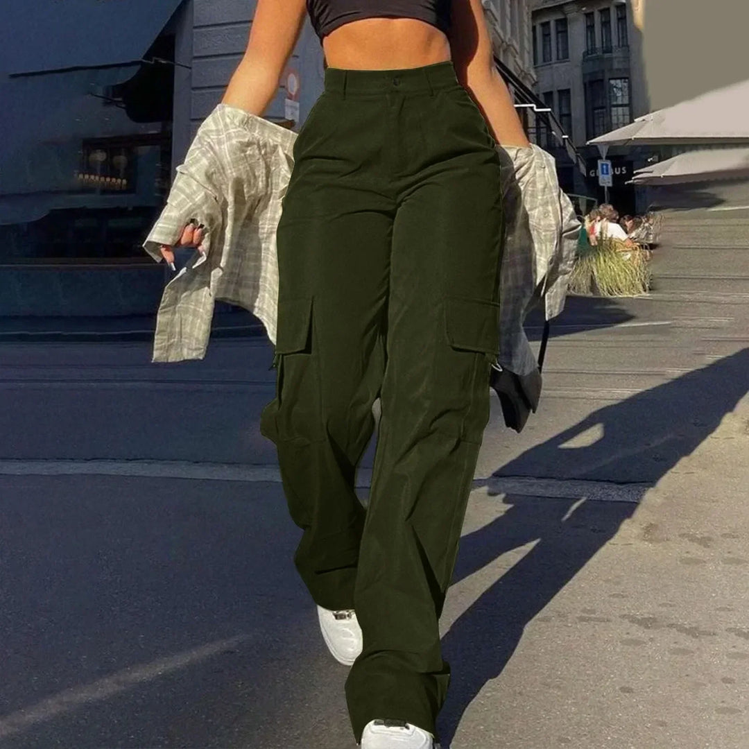 Modern women's high waist wide leg cargo pants, offering comfort and style with utility details.