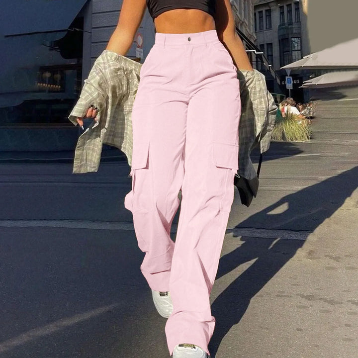Stylish women's cargo pants featuring a high waist, wide leg, and functional utility pockets.