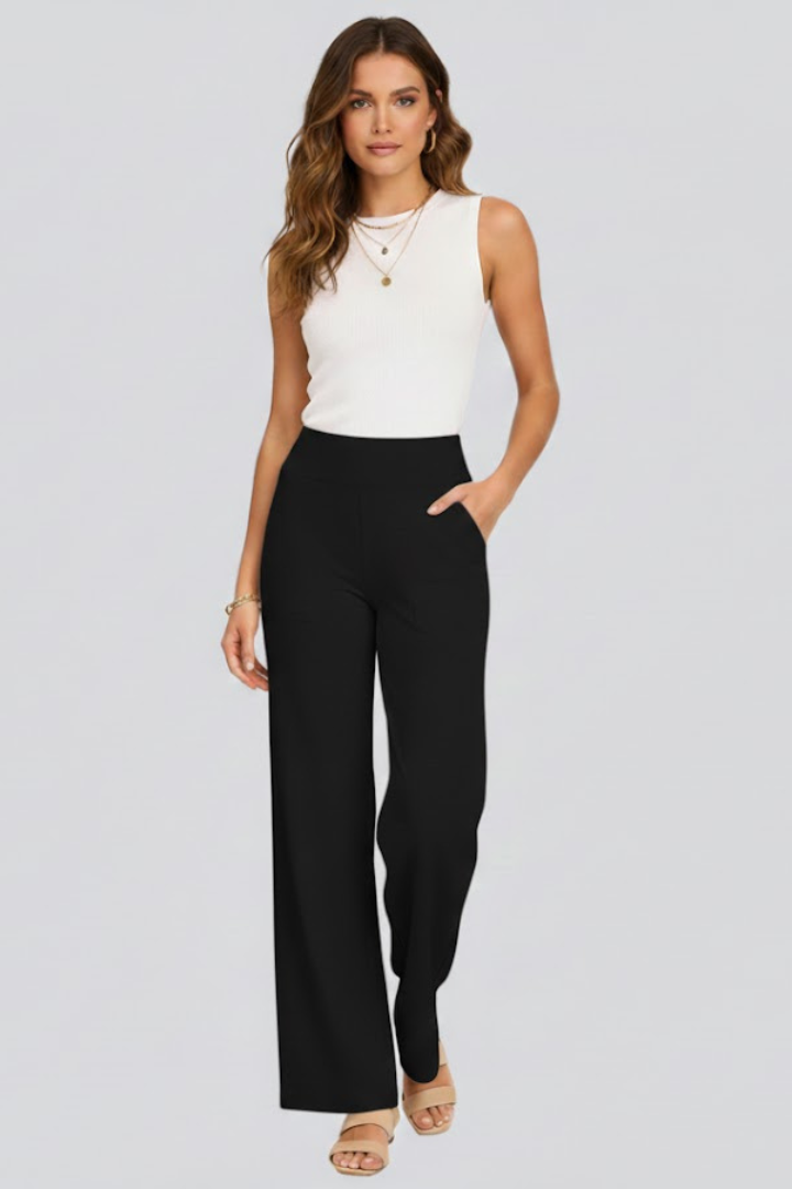 Modern women's high-waisted wide-leg trousers, offering comfort and style for various fashion ensembles.