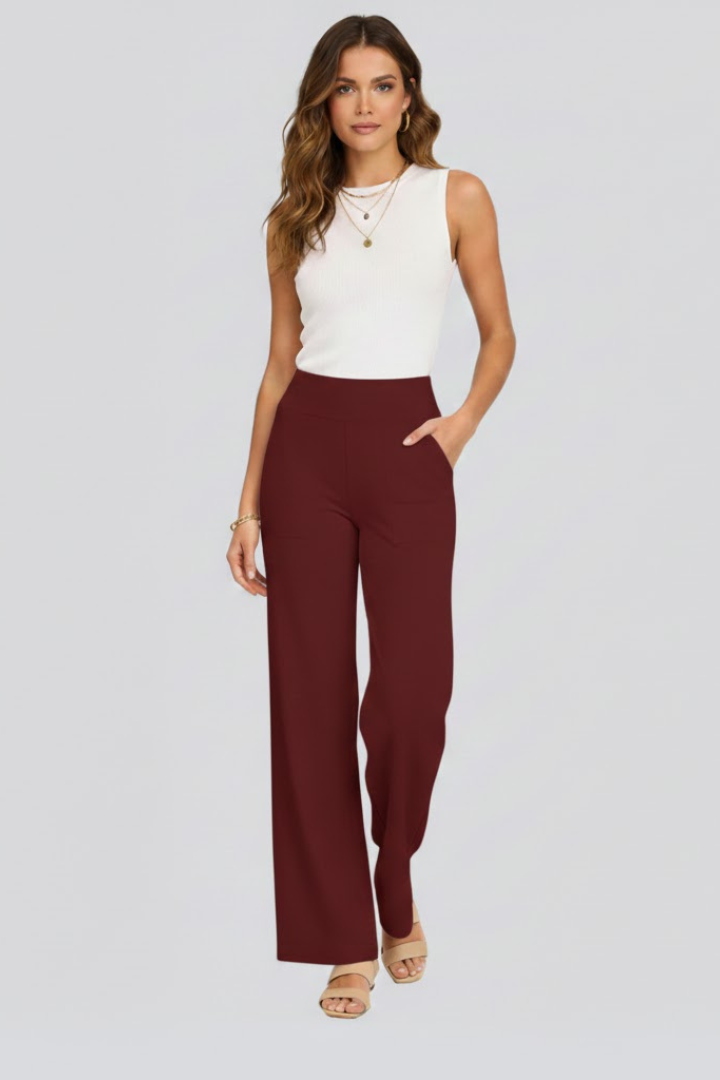 Solid color wide-leg women's trousers with a high-rise waist and practical pockets for easy wear.