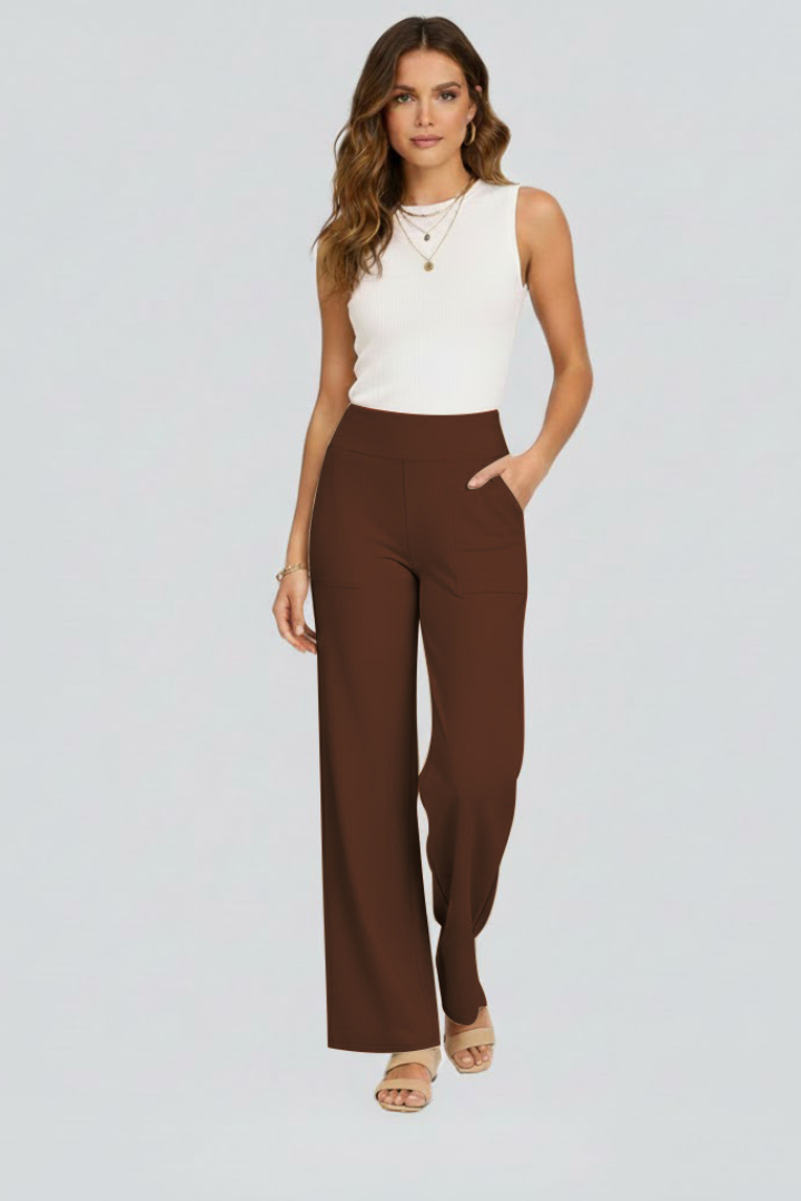 Fashionable high-waist wide-leg pants for women, solid color, ideal for a comfortable and chic outfit.