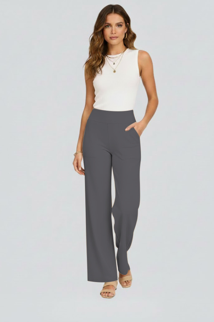 Chic women's wide-leg pants with a high waist, solid hue, and discreet pockets for a polished casual look.
