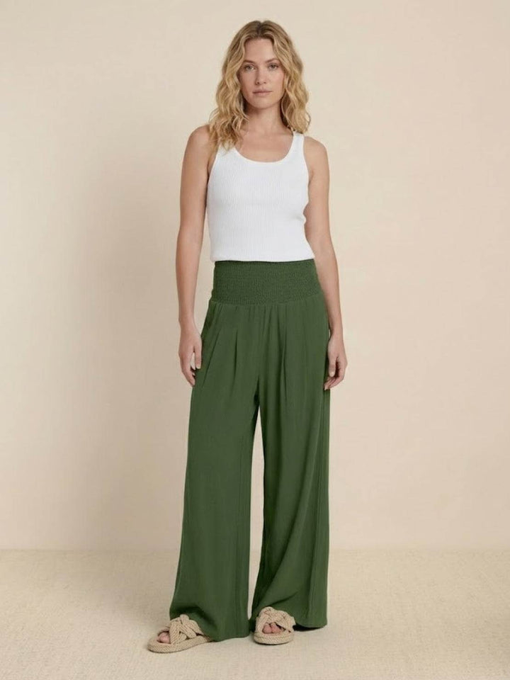 Versatile women's high waist wide leg pants with smocked elastic waistband, easy to style.