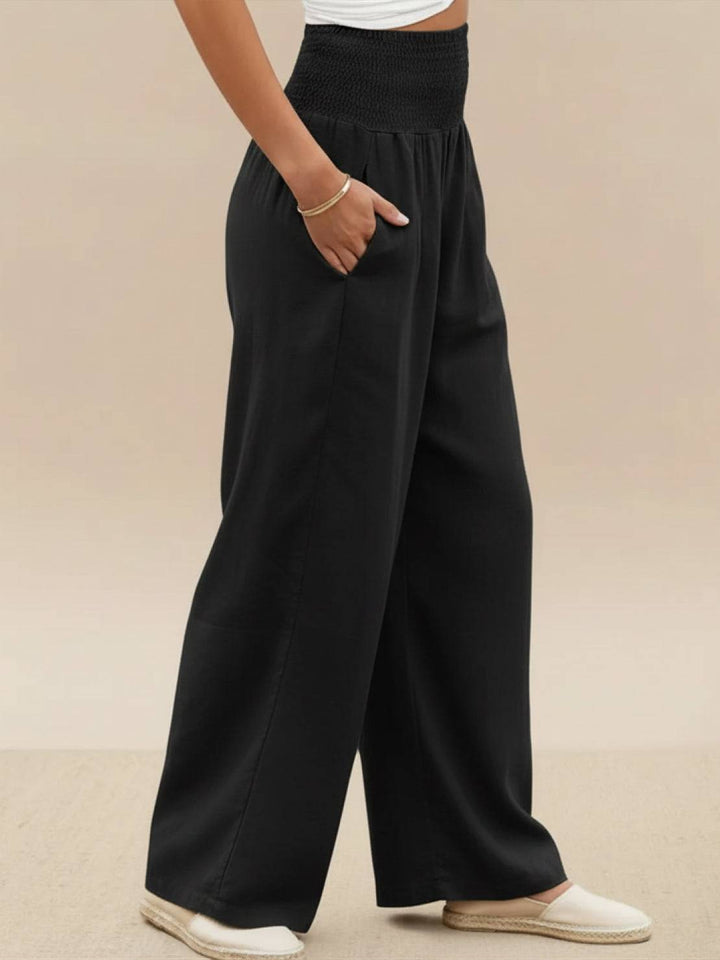 Comfortable women's high waist wide leg trousers, smocked elastic waist for a perfect fit.