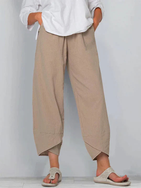 Women's high-waist wide leg tulip hem pants, perfect for comfortable summer fashion.