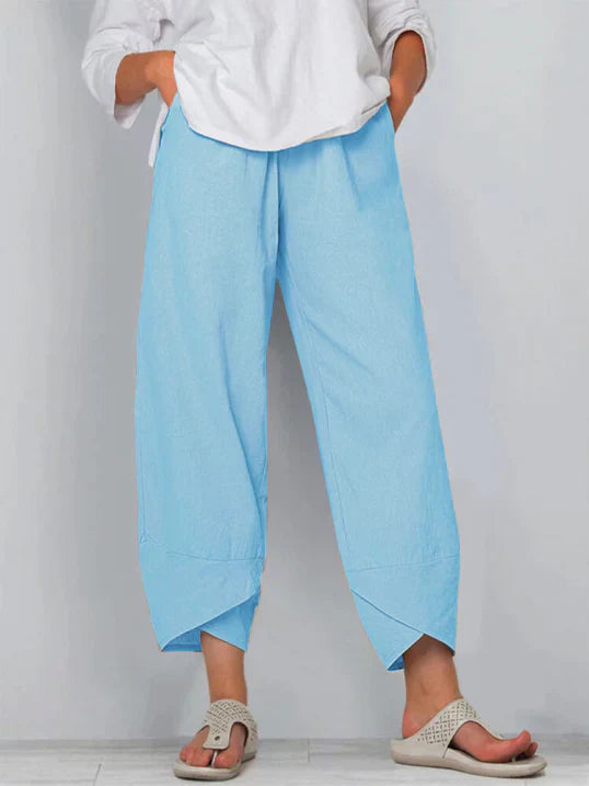 Soft, high-waist wide leg tulip hem pants for women, blending comfort with summer style.