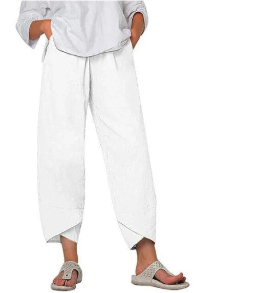 Cropped high-waist wide leg pants for women, featuring a trendy tulip hem, perfect for summer.