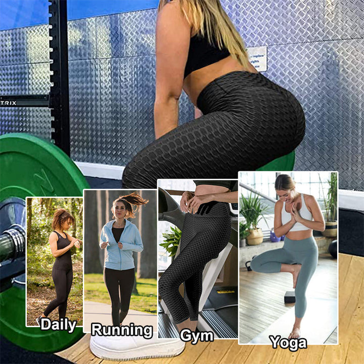 Model demonstrating side profile of high waist yoga leggings, highlighting the anti-cellulite design.