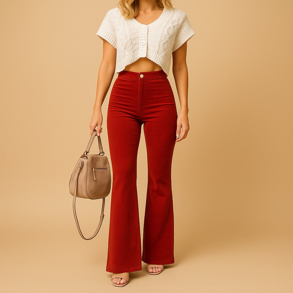 Comfortable women's high-waisted flared pants, a versatile statement piece for modern fashion.