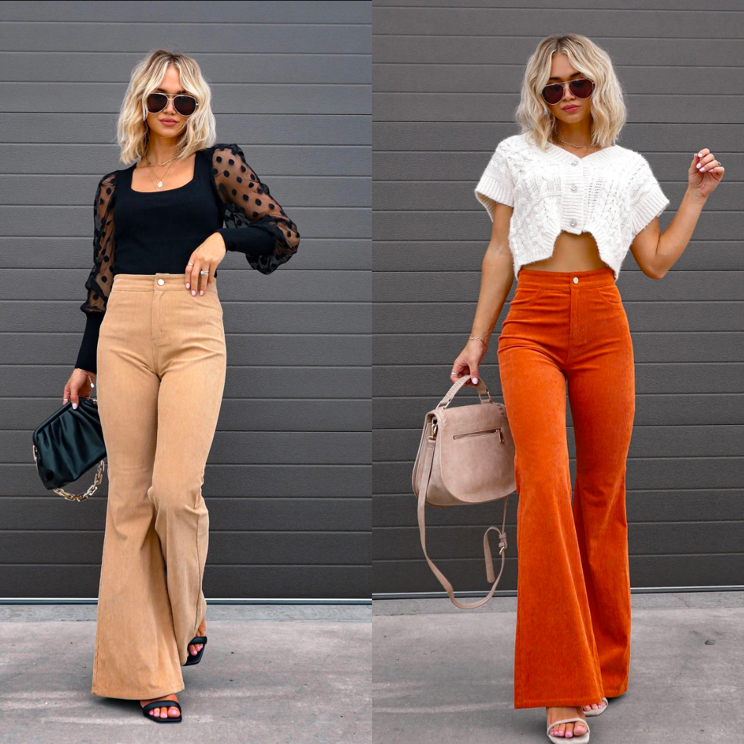 Woman confidently wearing black high-waisted ribbed flared pants, a chic retro addition to her wardrobe.