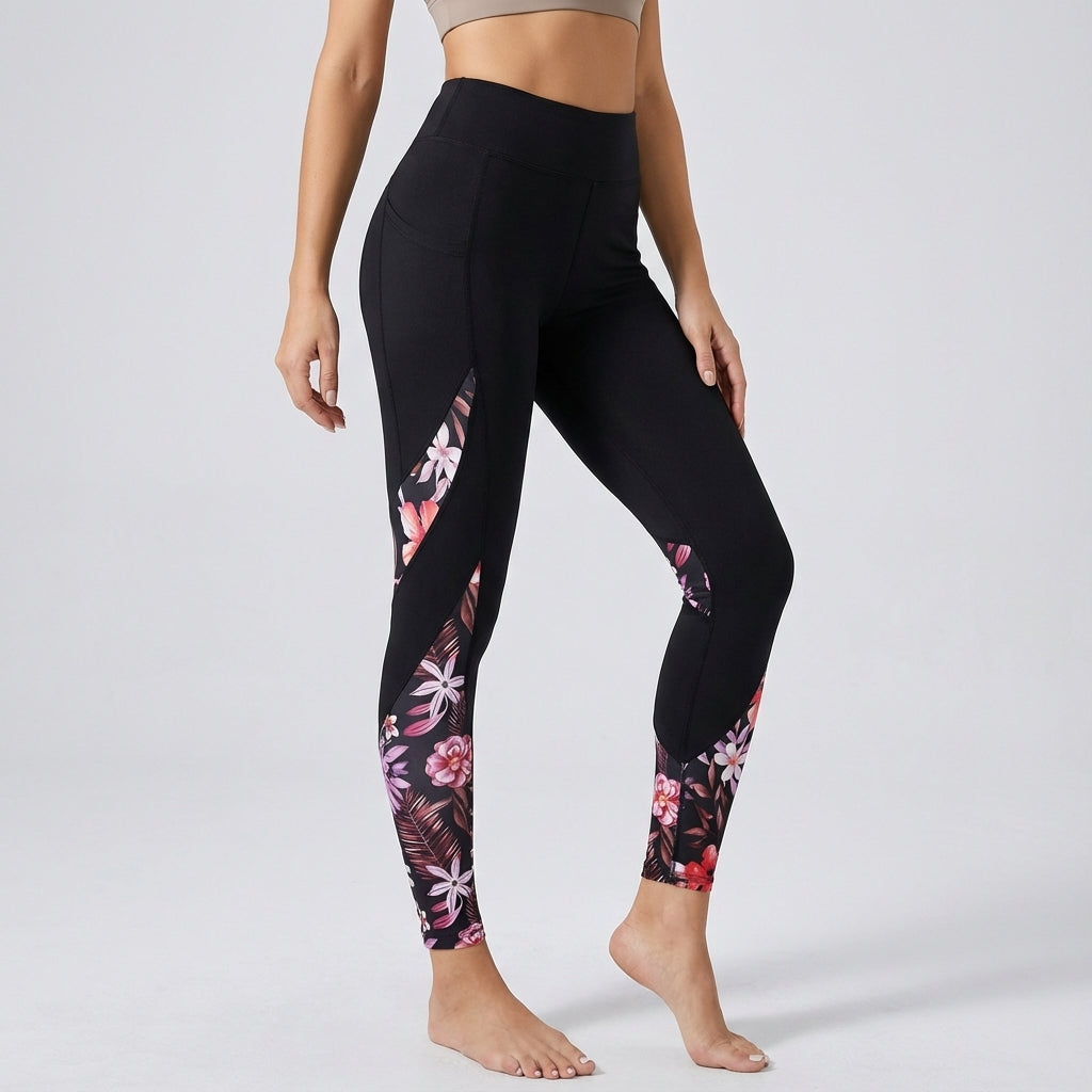 Women's opaque high-waisted yoga leggings with floral detail & side pocket, ideal activewear for workouts.