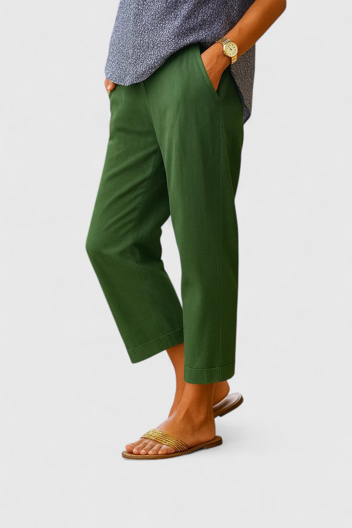 Front view of classic women's straight leg ankle pants with a tailored cuff, featuring a flattering high-waist for comfort.