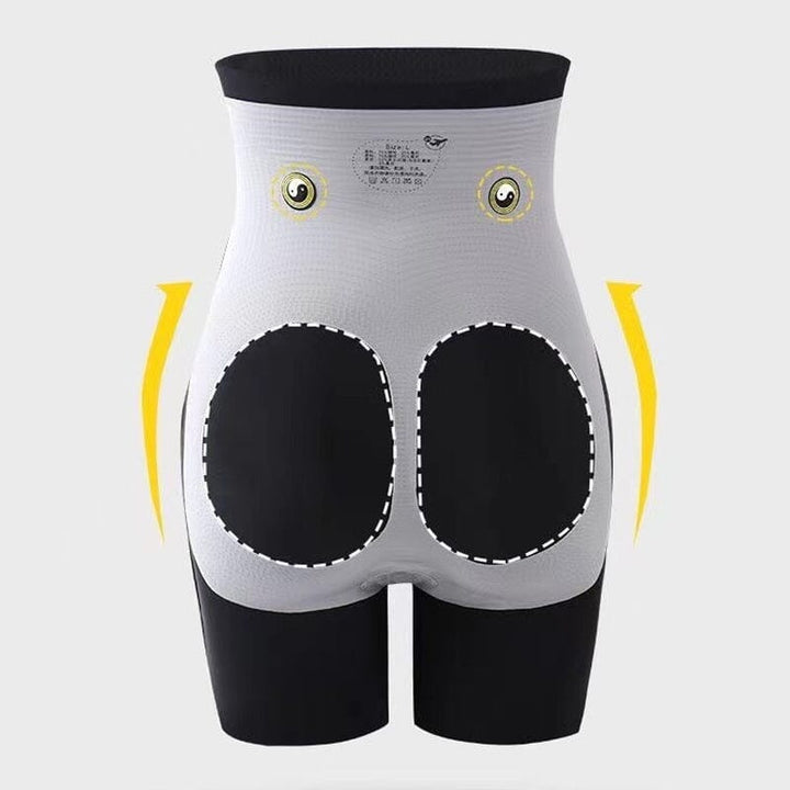 Three-quarter view of high-waisted shaper pants providing tummy control and a sleek outline