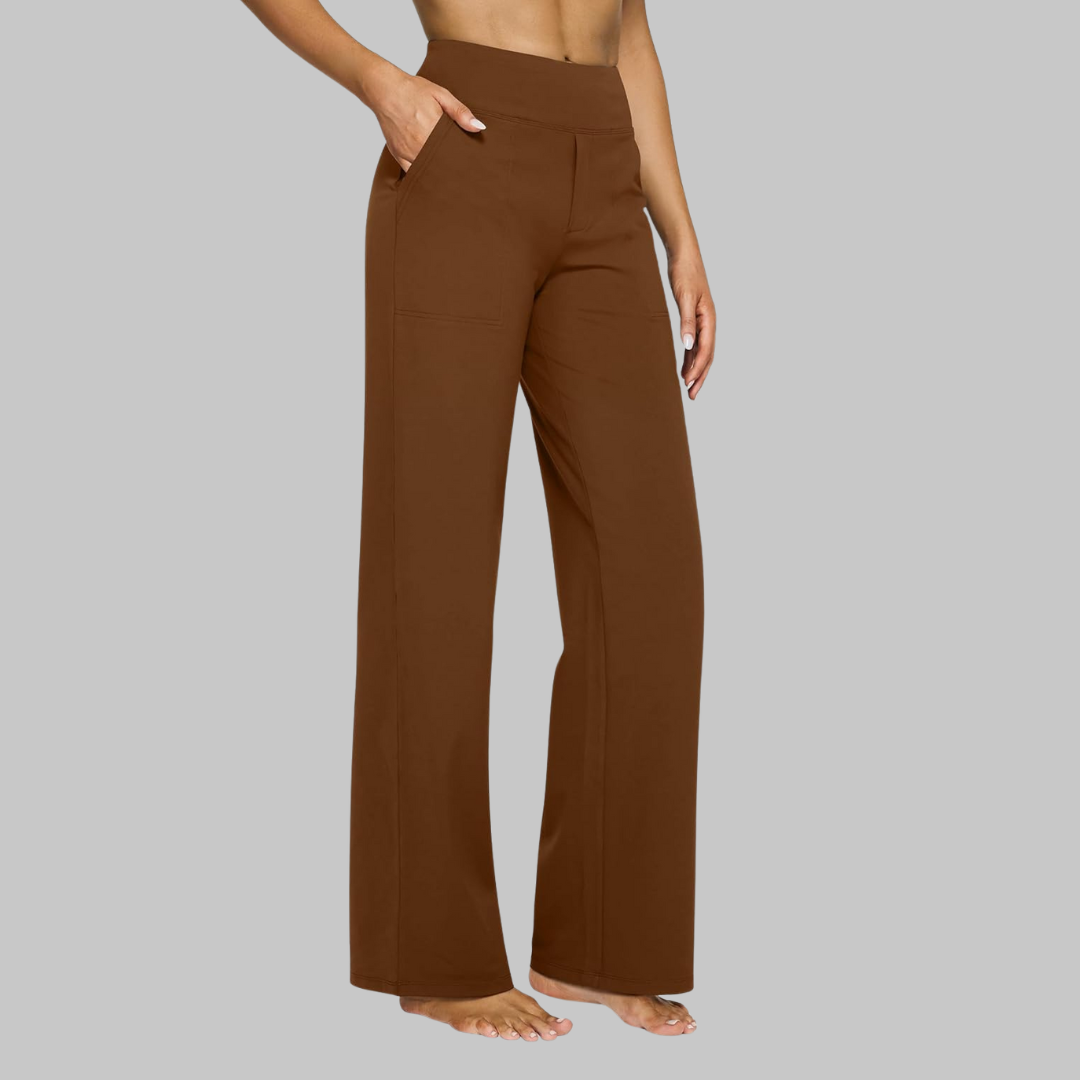 Smart casual women's wide-leg pants, high-waisted, with practical pockets for effortless elegance.