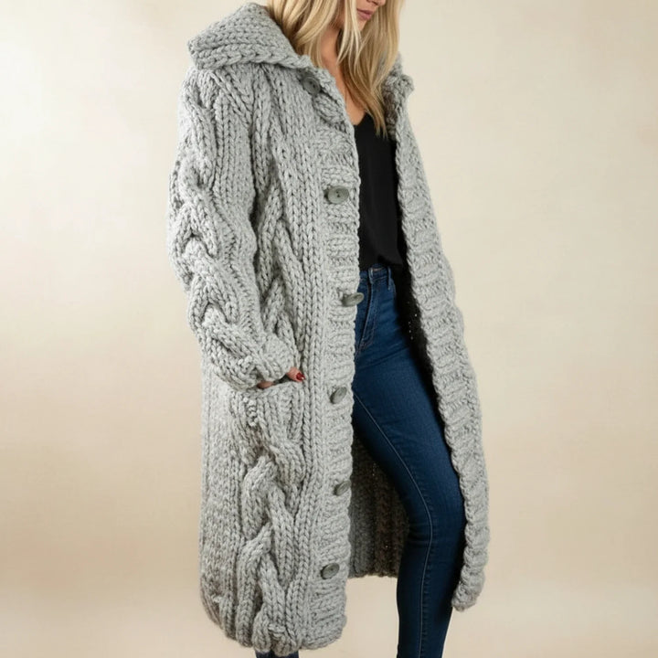 Stylish women's long hooded cardigan with button front. Ideal for casual fall & winter wear.