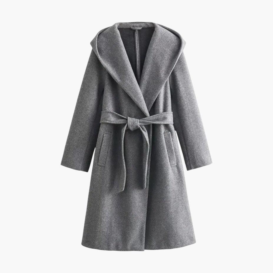 Women's hooded trench coat with belted waist & button front. Perfect for all-weather style & fall fashion.