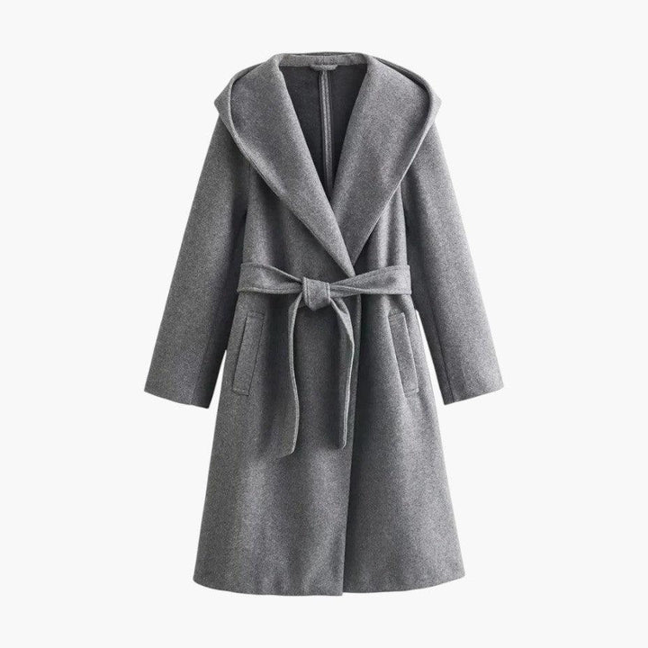 Women's hooded trench coat with belted waist & button front. Perfect for all-weather style & fall fashion.