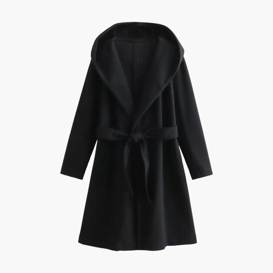 Stylish ladies' hooded trench coat with a belted waist & button front. Perfect for casual spring outerwear.