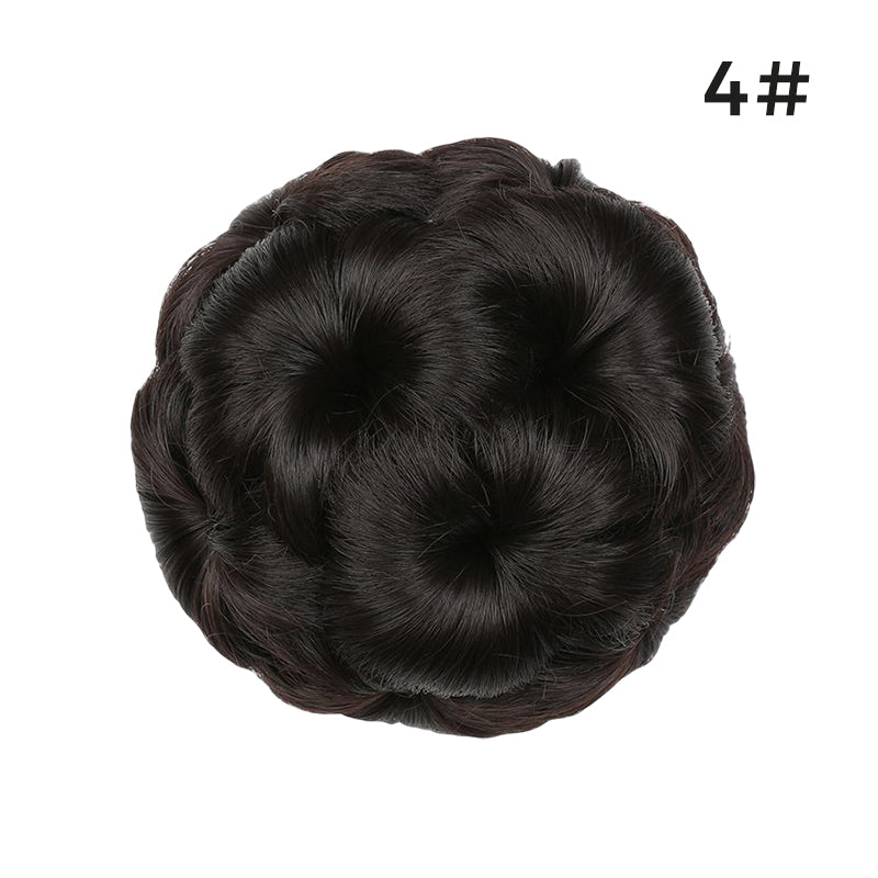 Woman smiling, wearing a beautiful instant flower bun hair clip extension, fashion hair