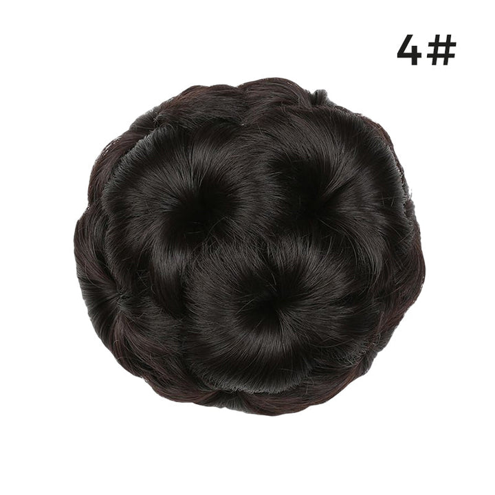 Woman smiling, wearing a beautiful instant flower bun hair clip extension, fashion hair