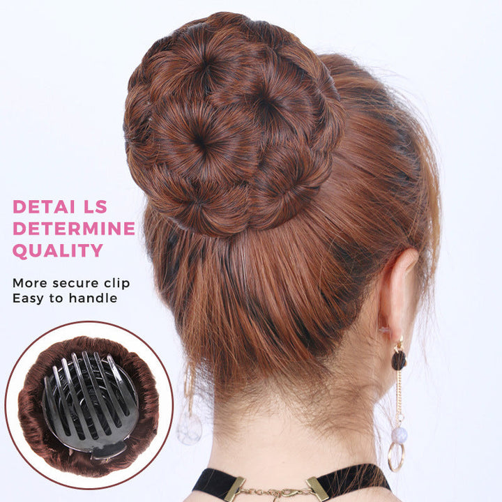 Close-up of a flower bun hair clip extension, perfect for quick and stylish looks