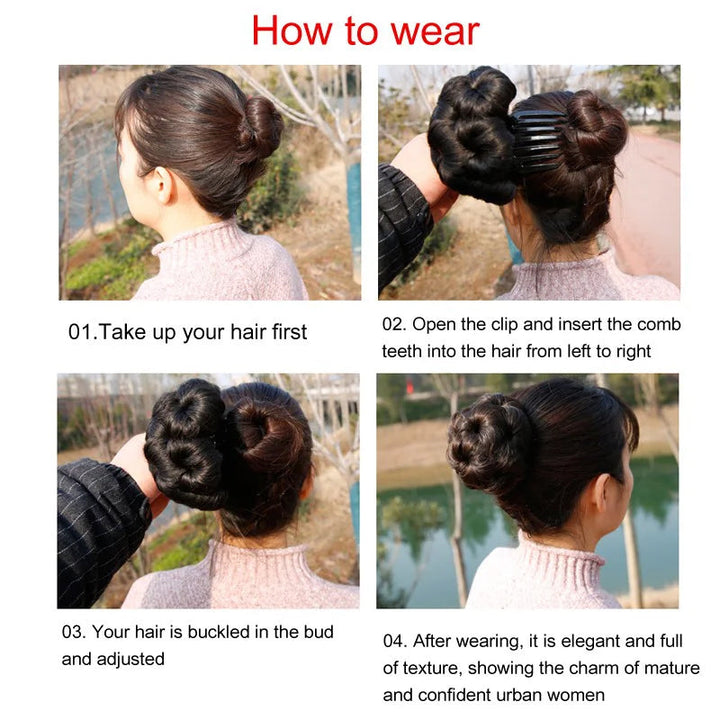 Various color options for women's instant flower bun hair clip extensions