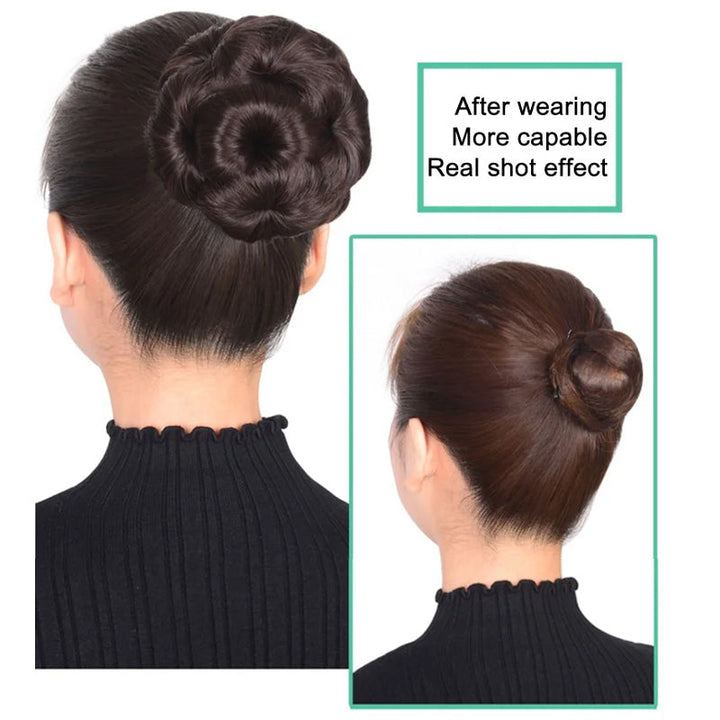 Back view of a woman with a flower bun hair clip, achieving an effortless updo