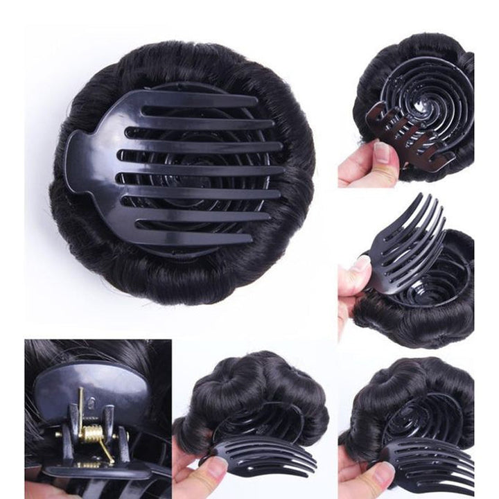 Packaging of the women's instant flower bun hair clip extension, ready to wear