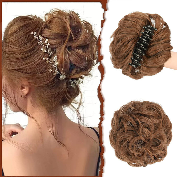 Synthetic hair bun clip for women, easy to use, adds instant volume and thickness to buns.