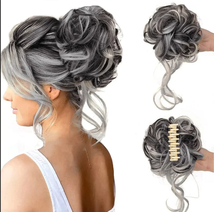 Secure messy bun hair clip. Creates a full, curly updo with instant volume for women.