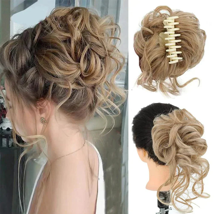 Volumizing hair clip for women's curly messy bun updo. Easy styling & quick fashion accessory.