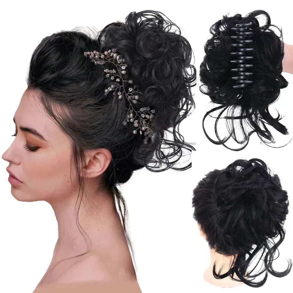 Easy-to-use volumizing messy bun hair clip. Creates a stylish curly updo for women's hair.