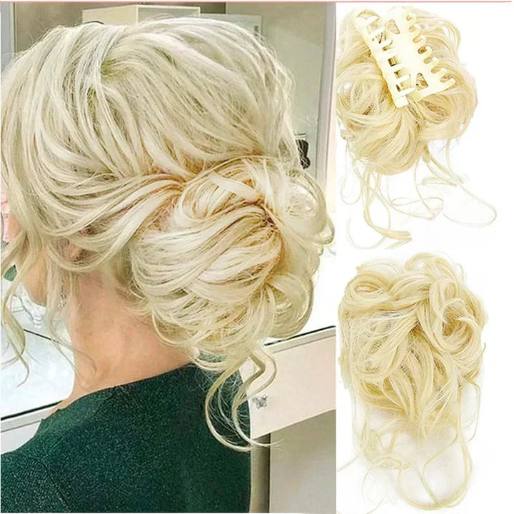 Women's hair extension clip for a voluminous, curly messy bun updo. Easy & instant style.