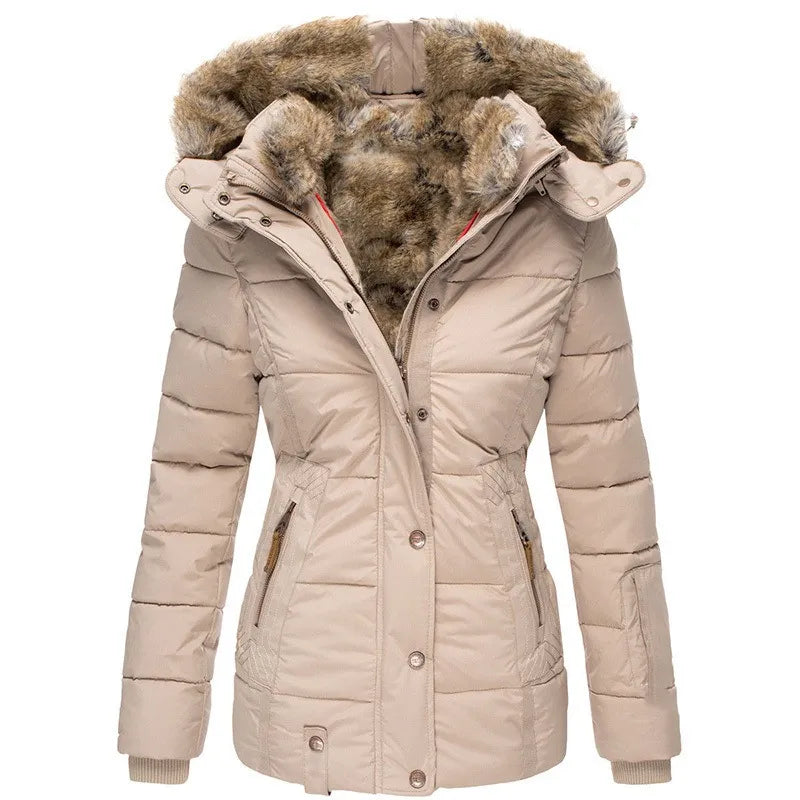 Warm women's heavy winter jacket. Insulated for cold weather, a cozy and stylish snow coat.