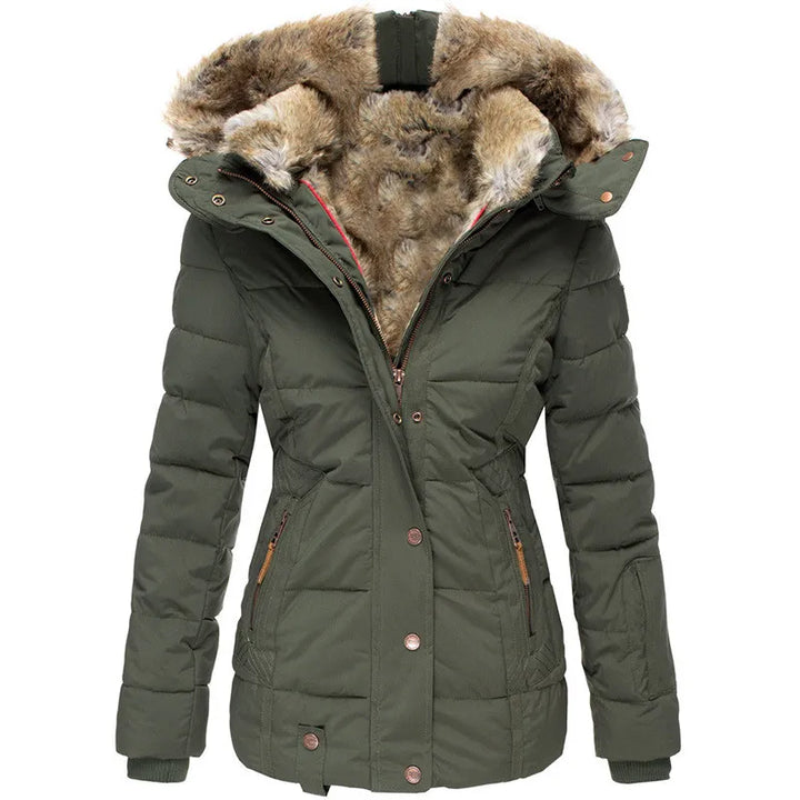 Women's insulated winter fashion jacket. Cozy, warm outerwear perfect for extreme cold and snow.