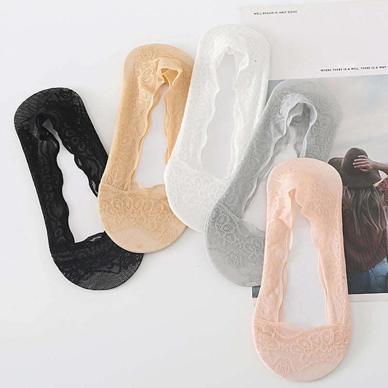 Women's invisible lace liner socks with floral pattern, no-show design ideal for flats and heels.