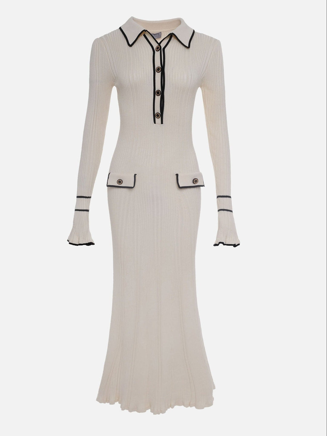 Ivory ribbed button-front midi dress for women, ideal for a comfortable and elegant spring/summer look