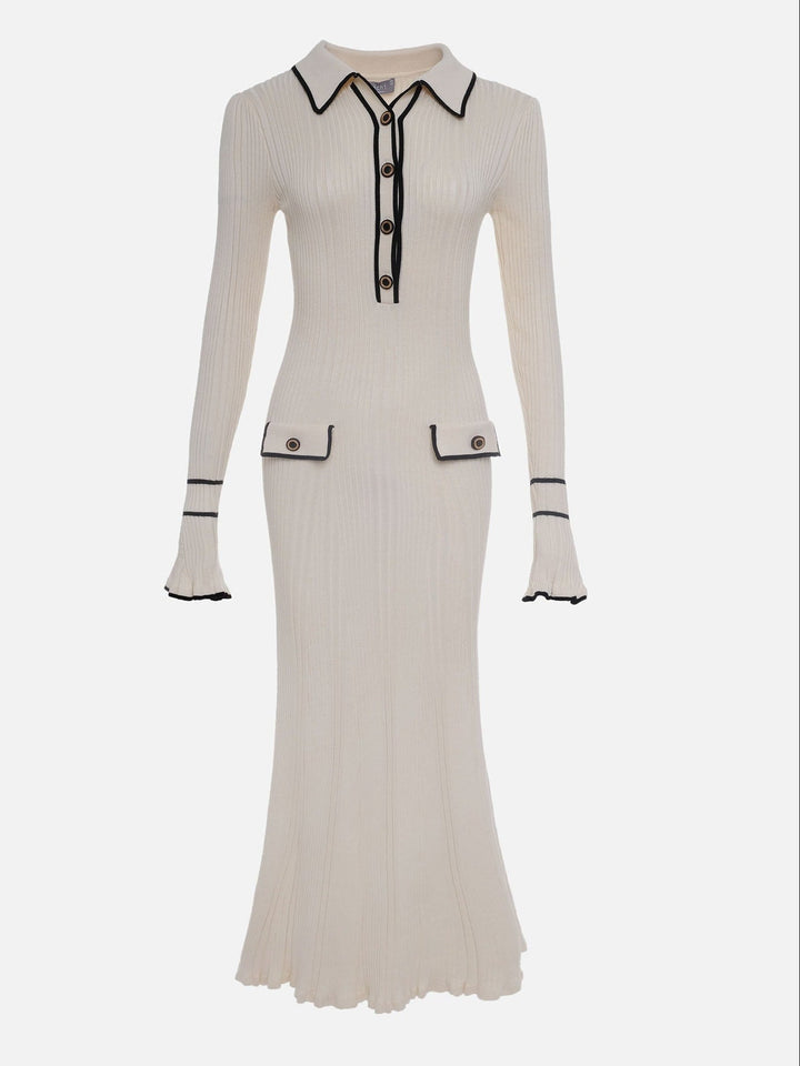 Ivory ribbed button-front midi dress for women, ideal for a comfortable and elegant spring/summer look