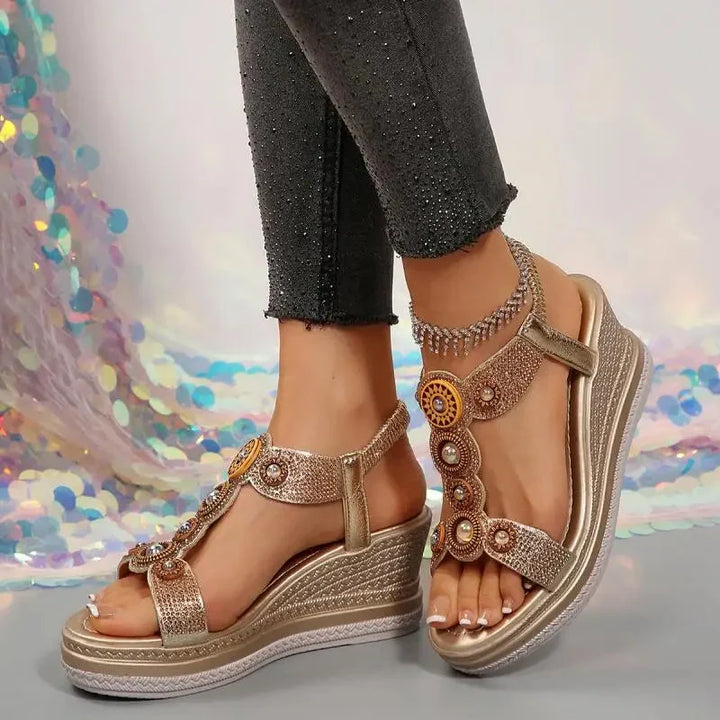 Women's comfortable jeweled wedge sandals. Platform design perfect for walking and stylish summer outfits.