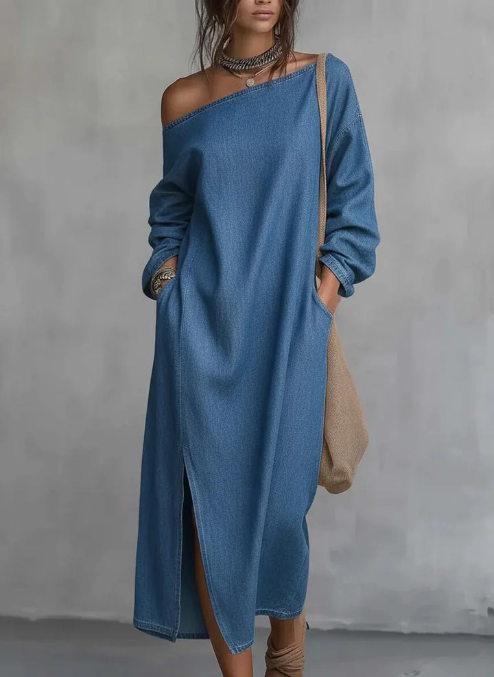 Women's Kaylee one-shoulder flowy maxi dress in a solid color, perfect for casual summer wear or beach vacations.