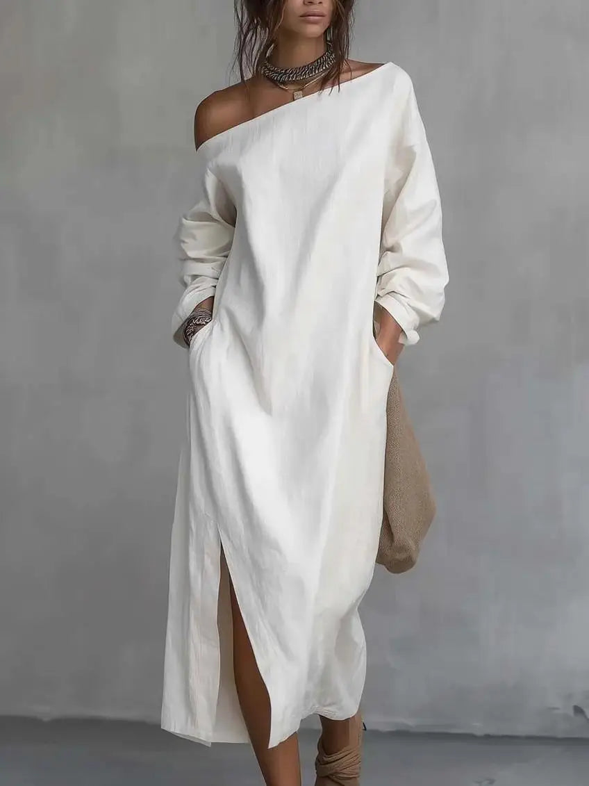 Relaxed fit Kaylee one-shoulder flowy maxi dress for women, a comfortable and elegant solid color summer vacation dress.