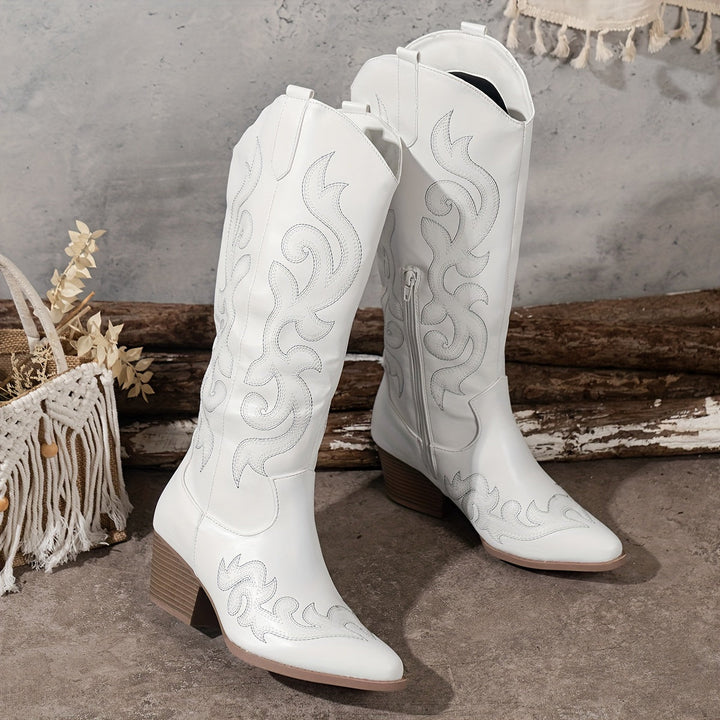 Brown fashion cowboy boots for women. Knee-high with a sturdy block heel.