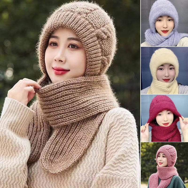 Women's knit beanie hat & scarf set in grey, ideal for warm winter outdoor wear