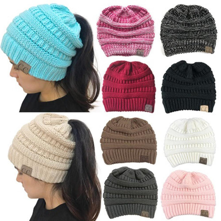 Women's Knit Ponytail Beanie Hat in a classic solid color, perfect for winter casual wear