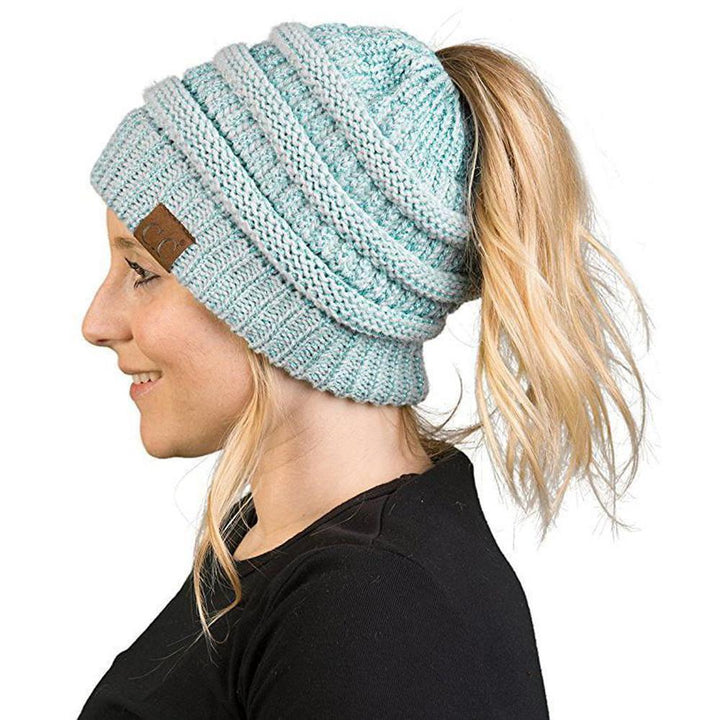 Collection of Women's Knit Ponytail Beanie Hats in assorted colors, essential winter accessories
