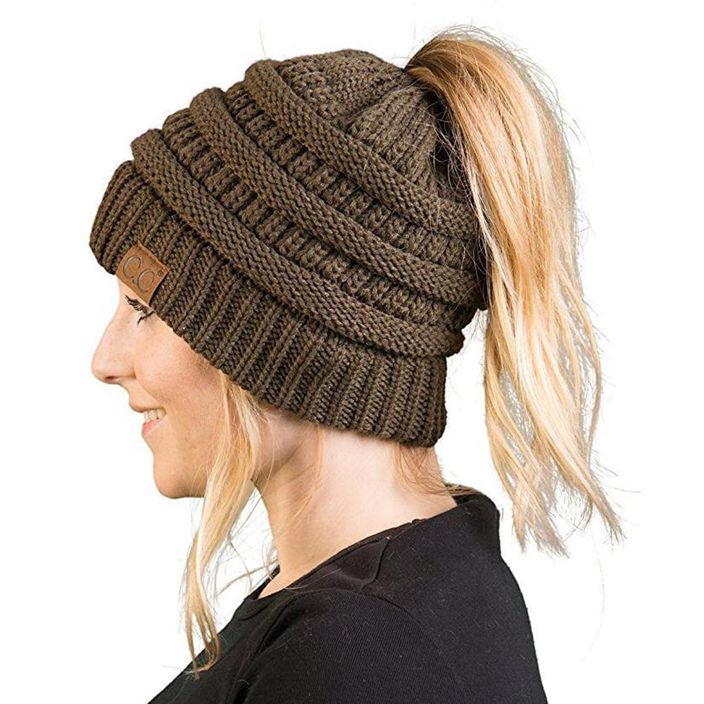 Back view of a Women's Ponytail Beanie Hat, showing how it comfortably accommodates hair