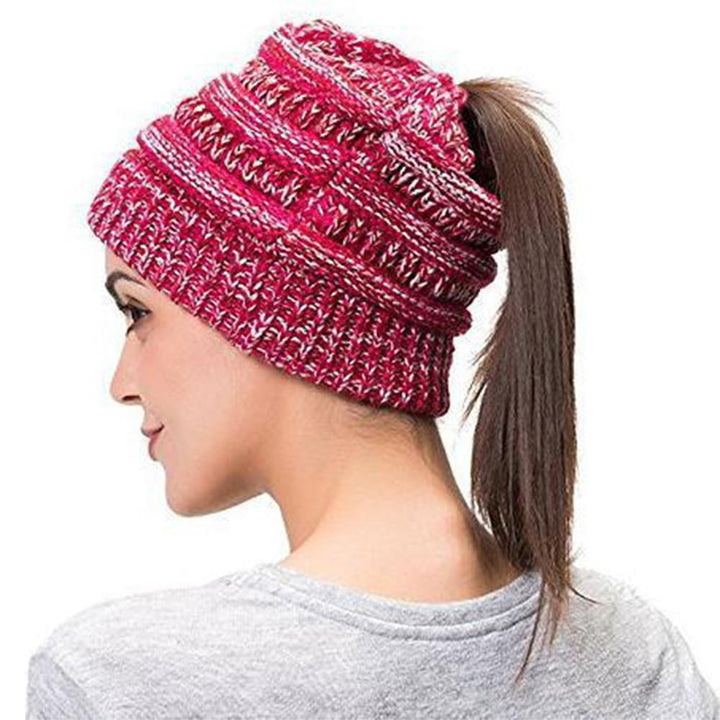 Women's Knit Winter Hat, ideal for keeping warm while wearing a ponytail or bun