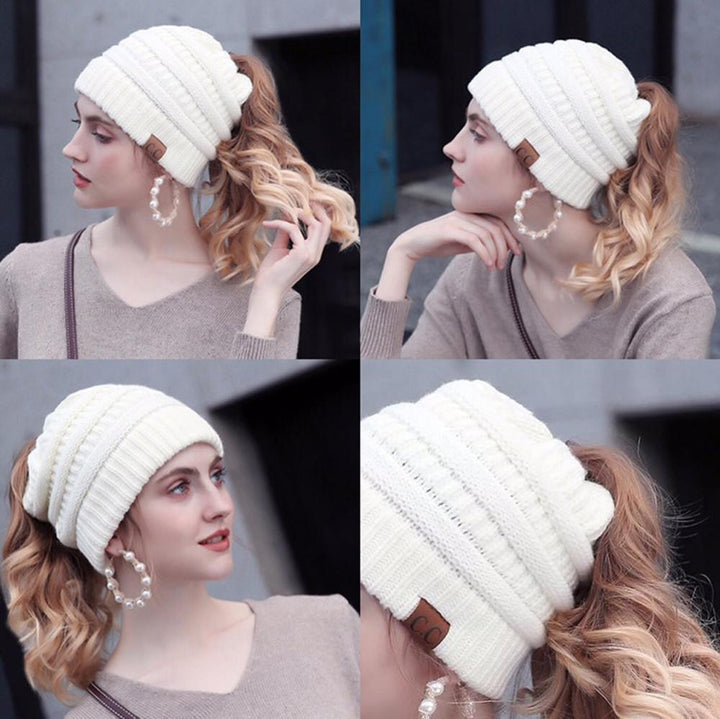 Close-up of the knit texture on a Women's Ponytail Beanie, showing the quality acrylic yarn